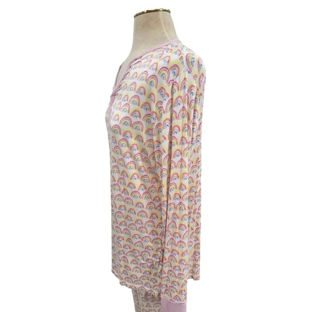 Little Sleepies Pastel Rainbows Bamboo Two Piece Pajama Set Pink Women's Large